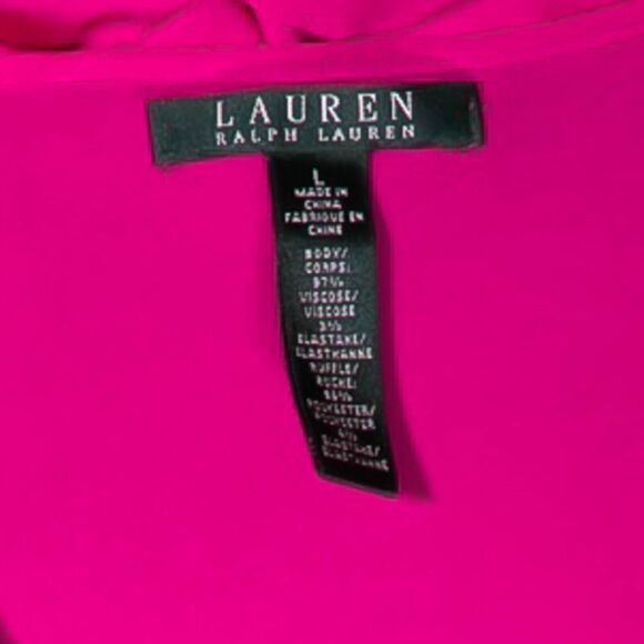 Ralph Lauren Women's Blouse Pink Satin Ruffle Stretch V-Neck 3/4 Sleeve Top L - Picture 3 of 9